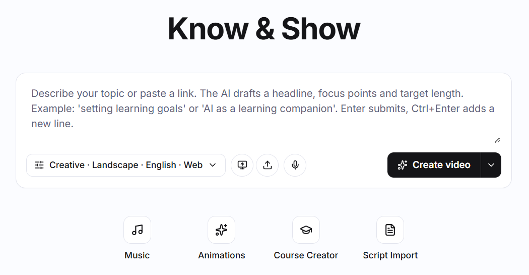 The zudub start screen: describe a topic or paste a link, choose style, format and language, then create the unit.